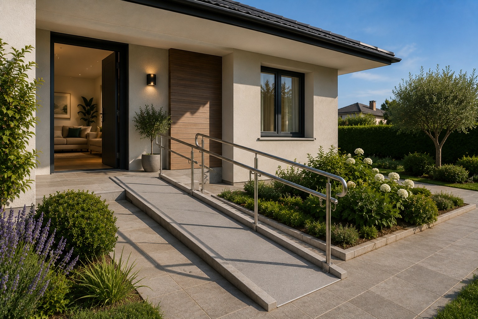 Ingresso di casa accessibile con rampa e corrimano