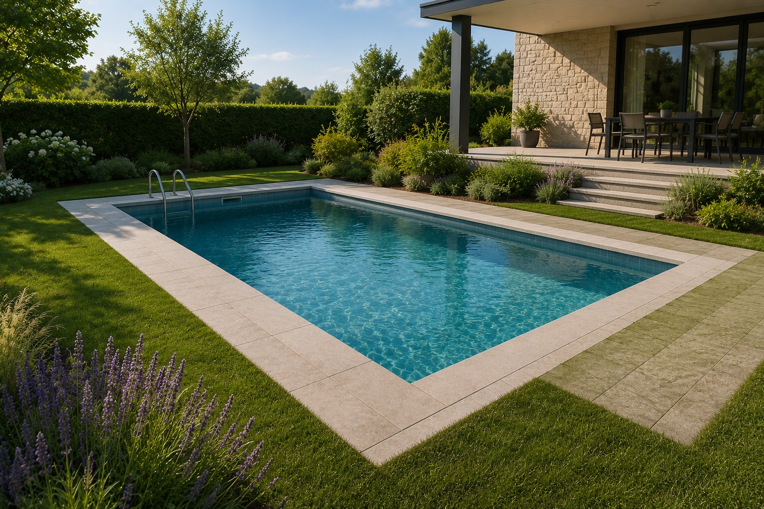 Piscina interrata rettangolare in giardino con prato e lavanda